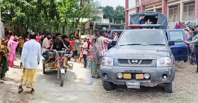 এলাকাবাসীর জমায়েত ও পুলিশের গাড়ি